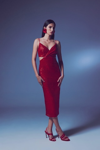 Dekolteli Payet Elbise - Kırmızı-135646 Kırmızı