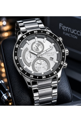 Ferrucci Fc32534 Silver Kordon Gri Kadran Fonksiyonlu Ve Takvimli Erkek Kol Saati Gümüş - Siyah