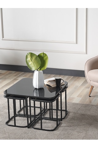 Pelikan 4+1 Siyah Aynalı Temperli Cam Siyah Metal Ayak Takım Sehpa Sedaş Living Units Sehpa