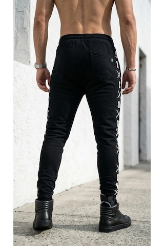 Plus Scorpion Erkek Slim Fit Eşofman Altı Yazılı Şerit Detaylı, Dar Paça Jogger Pantolon Siyah