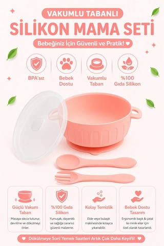 Jojobebek Kapaklı Vakumlu Silikon Mama Kasesi, Altı Vakumlu Mama Kasesi, Silikon Kaşık ve Çatal / Pembe