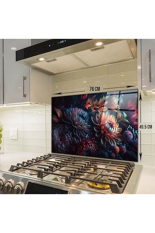 Cam Ocak Arkası Koruyucu Dark Flowers 49,5cm X 76cm