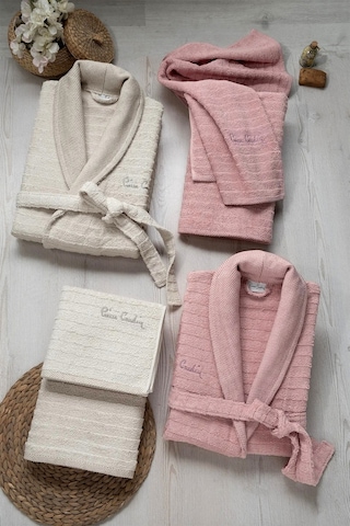 Pierre Cardin 6 Parça Jakarlı Aile Bornoz Seti-wave Soft G.kurusu Gül Kurusu - Krem
