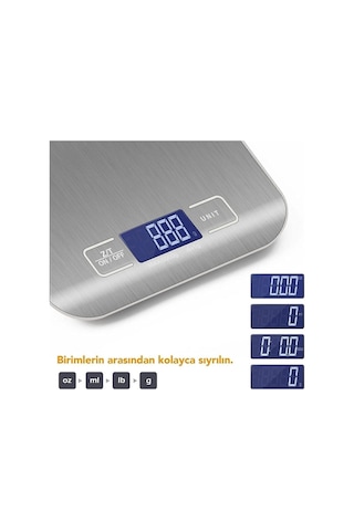 Platin Mutfak Terazisi Dijital Tartı Hassas Lcd Ekranlı 5 Kg Pil Hediyeli Gümüş