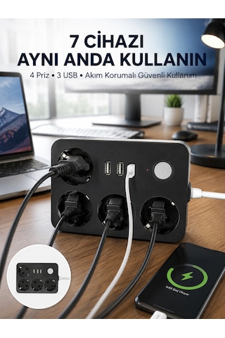 3 Usb Çıkışlı 4 Lü Akıllı Priz 2500w 2 Metre Kablo - 5000