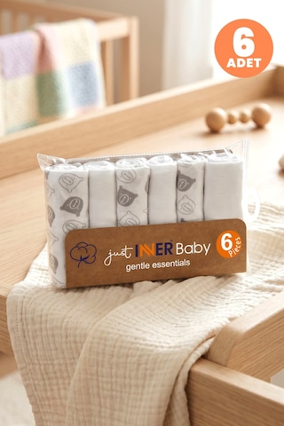 Just Inner Erkek Bebek 6'lı %100 Pamuk Ağız Mendili Ayıcık Desenli Kutulu Set Nefes Alan Doku 582201 Krem
