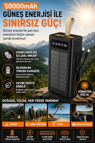 50.000 Mah Güneş Panelli Powerbank 22.5w Hızlı Şarj Dahili Kablolu Dijital Göstergeli Usb & Type-c Taşınabilir Harici Batarya Siyah