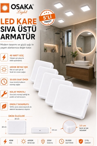 5 Adet Osaka 40w Kare Sıva Üstü Armatür Beyaz Işık 6500k