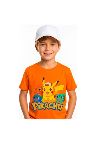 Book Orbook Pikachu Charmander Bulbasaur %100 Pamuk Premium Kalite Çocuk Tişörtü 3-12 Yaş Turuncu