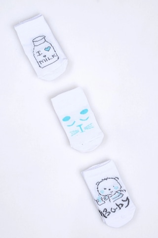 Cocole Socks Erkek Bebek Soket Çorabı 3 Lü Set Pamuklu Beyaz Sevimli Figür Desenli Çok Renkli