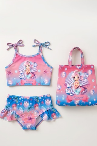Modanino Kız Çocuk Çantalı 3'lü Mayo Takımı Çanta+mayo+bikini 3-10 Yaş 12648n Mavi - Pembe