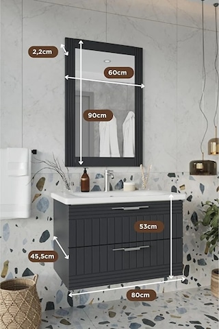 Erguvan Gümüş Kulp Antrasit 80 Cm %100 Mdf Lavabolu Banyo Dolabı Ayna Antrasit