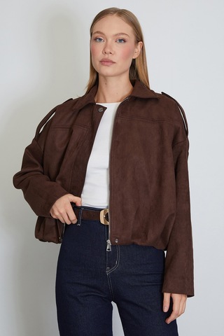 Fullamoda Fermuarlı Polo Yaka Süet Bomber Ceket Kahve