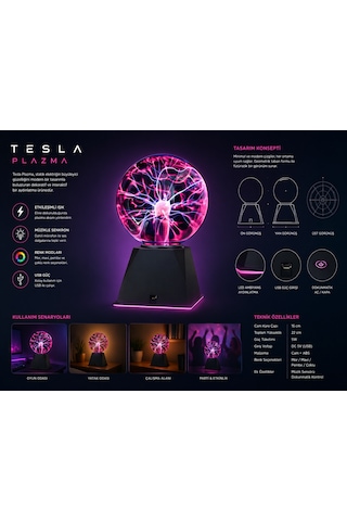 Usb Li Plazma Tesla Küre Işıklı Cam Dekoratif Lamba Dokunmatik Gece Lambası Siyah