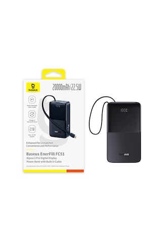 Baseus Enerfill Bipow2 Pro 20000mah Dahili Usb-c Kablolu, 22,5 W Hızlı Şarjlı, Led Ekranlı Powerbank, Siyah Siyah