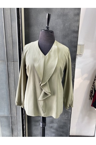 Pera Moda Büyük Beden Önü Fırfırlı Modal Bluz Gömlek Çağla