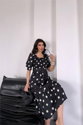 Neşeli Butik Kadın Kemerli Kare Yaka Çiçekli Midi Boy Elbise Nbks4104 Siyah