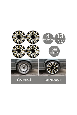 Jant Kapağı Takımı Abiyes 13 İnç Tüm Jantlar İle Uyumlu Tekerlek Göbeği Koruyucu 4 Parça Gri Siyah Glz02702398