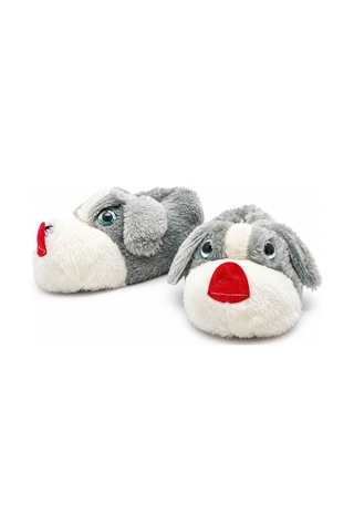 Modafocus Sevimli Köpek Figürlü Sessiz Kaydırmaz Taban Peluş Unisex Ev Pandufu Sevgili Kombin Terliği Gri Gri