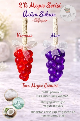 El Yapımı Üzüm Salkım Sabun İkili Set Kırmızı-mor Kurdelalı Karışık Meyve