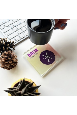 Decorita Cam Bardak Altlığı Burçlar - Balık Burcu 4'lü Takım Çok Renkli