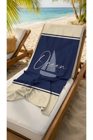 Ocen Sloganlı Lacivert Krem Yüksek Su Emicili 70x150cm Plaj Havlusu Renkli
