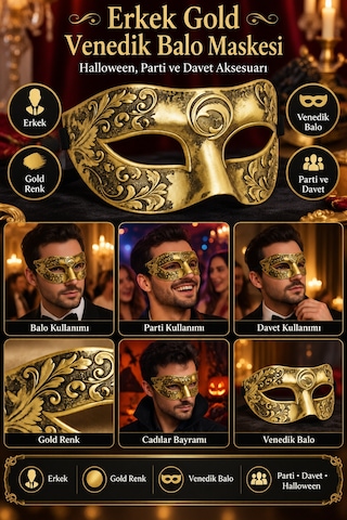 Erkek Gold Venedik Balo Maskesi Halloween Parti Maskesi Cadılar Bayramı Davet Kostüm Aksesuarı Diğer