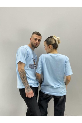 Flood Of Style Unisex Tshirt Bebe Mavi Tom Ve Jerry Baskılı Sevgili Çift Kombini 2 'li Set Bej
