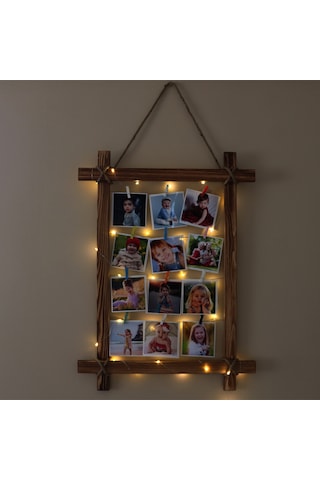 Ahşap Çerçeve Fotoğraf Çerçevesi Led Işıklı Ipli Renkli Mandallı Kahverengi