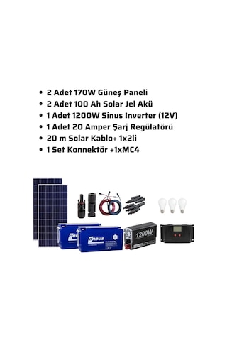 Mini Bağ Evi Solar Paketi 1200W İnverter 250W Güneş Paneli 2 x 100Ah Jel Akü