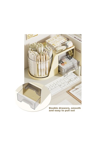 Springsun Beyaz Plastik Masa Düzenleyici - 360 Derece Döner Kalem Kutusu, 2 Çekmeceli Ve Fakatlı, Ofis/öğrenci Stokaj Gereci, Çok Amaçlı Masa Tahtası Organizatörü Beyaz