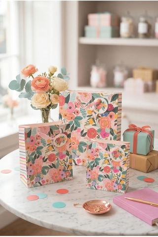 Pastel Pembe Çiçekli 3 Boy Karton Hediye Çantası Seti 3+