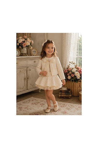 Ministok Ivory Elegance Kız Çocuk 3'lü Tüvit Takım Bluz, Ceket Ve Etek Ekru