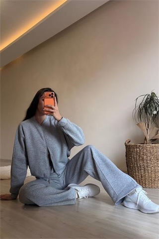 Neşeli Butik Kadın Fermuarlı Oversize Sweat Ve Yüksek Bel Eşofman Takımı Nm018 Gri Melanj