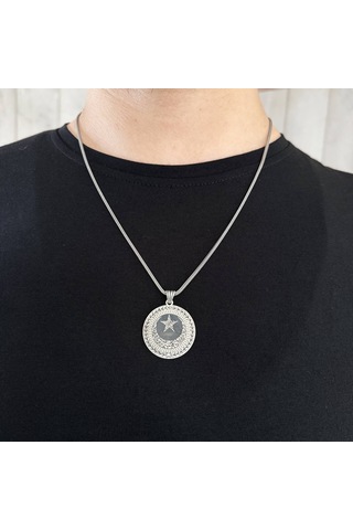 925 Ayar Gümüş Kelime-i Tevhid Yazılı Ayyıldız Tasarım Yuvarlak Erkek Kolye Gümüş