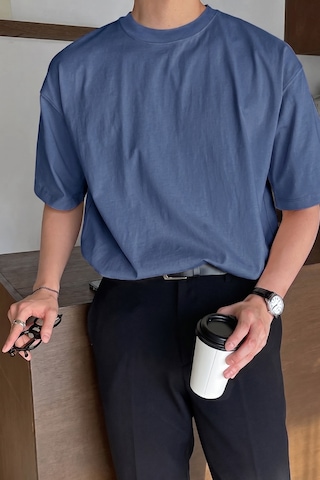 Genius Store Erkek Oversize Tişört Pamuk Kumaş Bisiklet Yaka Rahat Kalıp T-shirt İndigo