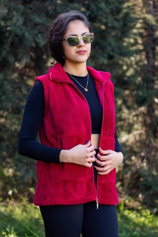 Kadın Bordo Kırmızı Dik Yaka Kalın Peluş Fermuarlı Yelek 24kylkk215 001