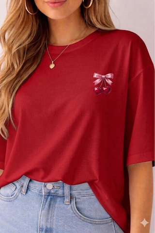 Minimal Kiraz Desenli Baskılı T-shirt Kırmızı