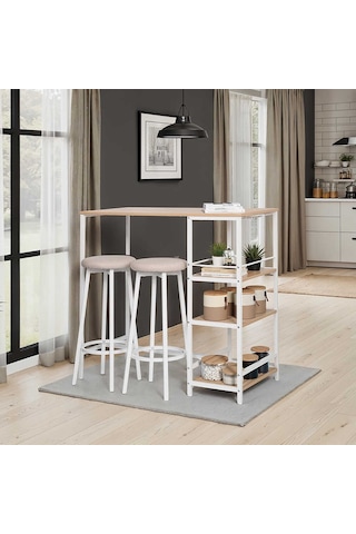 Step-up 2 Tabureli Yüksek Ayaklı Raflı Mutfak Masa Takımı - Beyaz 100x50x100 Ceviz