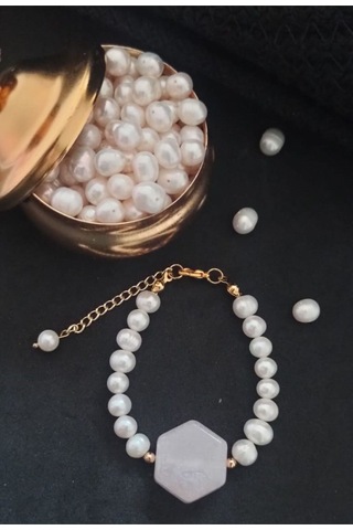 24k Altın Kaplama Gerçek İnci Sedefli Pembe Akrilik Detaylı Bilek Gold