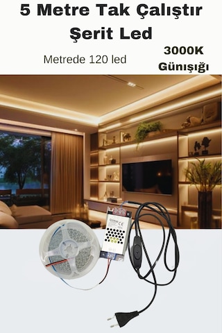Dolap / Duvar 5 Metre Tak Çalıştır Mt/120 Led Şerit Led 3000k