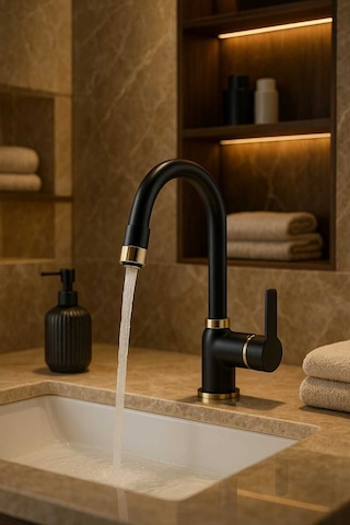 Rudi Armatür Lüx Pirinç Malzeme 360 Döner Gövdeli Siyah Lavabo Bataryası Siyah