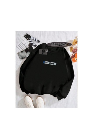 Tarzsokak Biskilet Yaka Sweatshirt Siyah 58 Sivas Özel Tasarım Plaka Detaylı