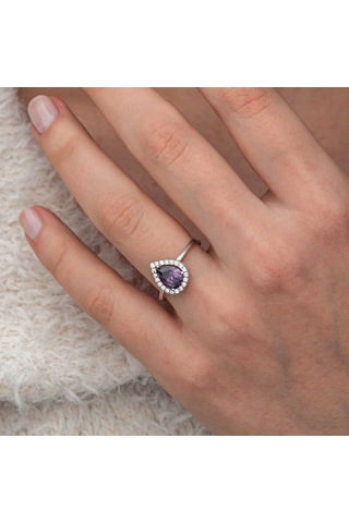 Gümüş Damla Mor Taşlı Kadın Yüzük Gümüş
