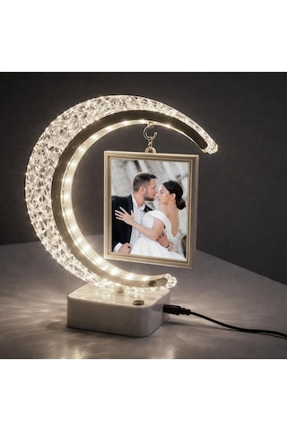 Led Işıklı Hilal Fotoğraf Çerçevesi Gece Lambası 2 Dikey Fotoğraf Kapasiteli