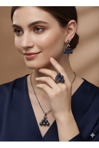 Otantik Safir Taşlı Bayan Gümüş Set Bronz