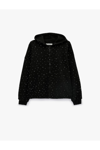 Koton Üç İplik Şardonlu Uzun Kollu Fermuarlı Kapüşonlu Taş Detaylı Sweatshirt Siyah 7wal10257ık