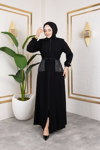 Cep Detaylı Bağlamalı Ferace - Siyah / F0138 Siyah