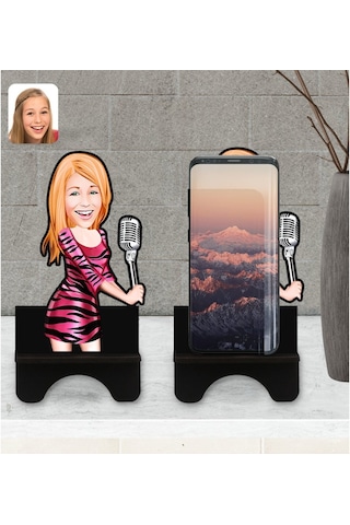 Kişiye Özel Şarkı Söyleyen Kız Karikatürlü Ahşap Biblo Telefon St