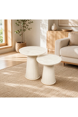 Ganni Home Angel 2 Li Zigon Sehpa Seti Beyaz Mermer Beyaz, Gold Detaylı Şık Ve Modern Tasarım